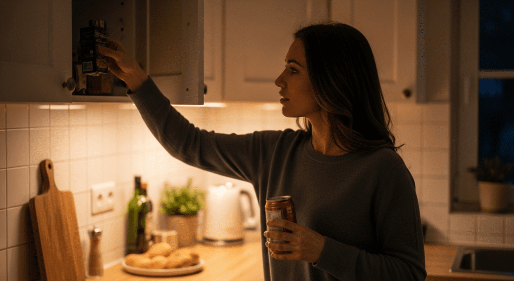 woman 35 evening kitchen grabbing healthy evening snack busy adult
