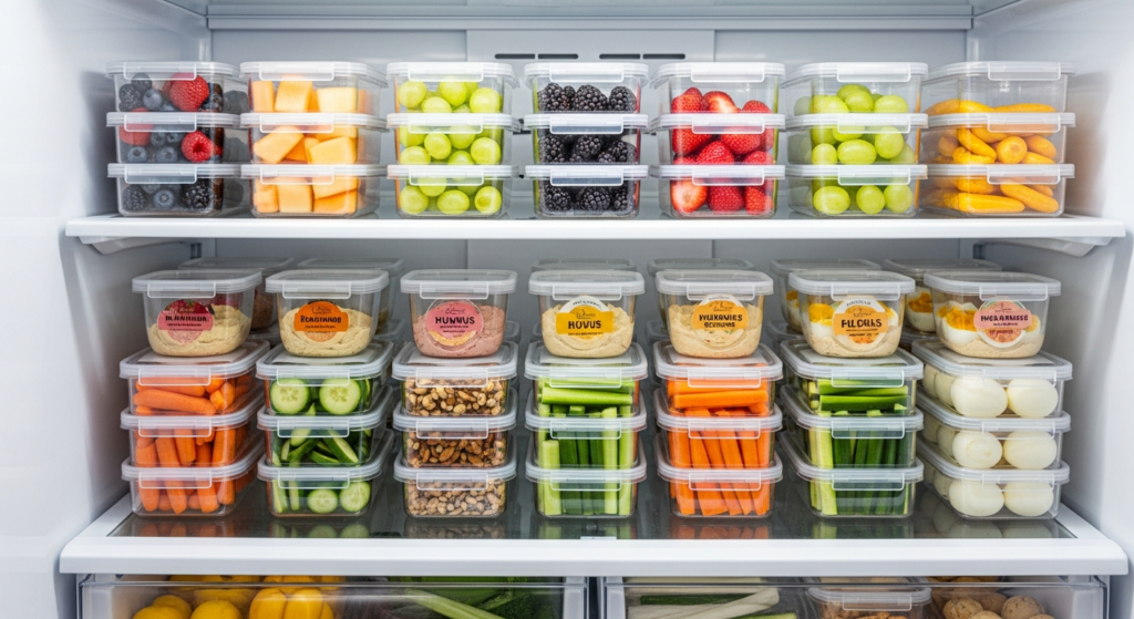 organized fridge evening snack prep containers busy adults weekly