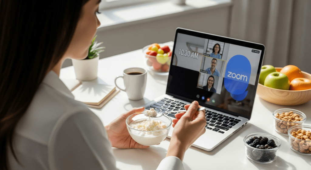 healthy snacks for weight loss timing example busy professional woman eating Greek yogurt bowl at office desk during 10:30AM work meeting
