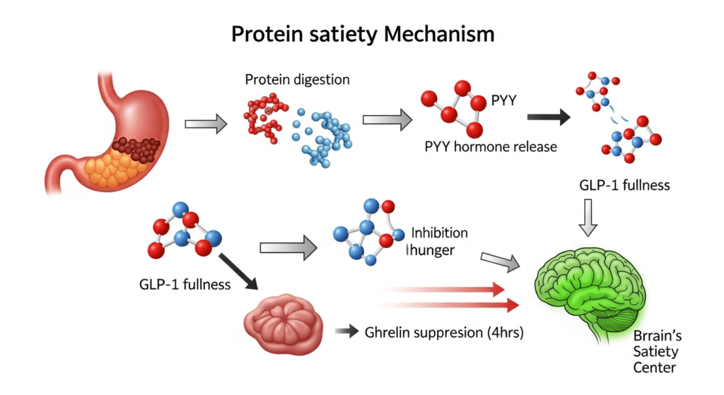healthy snacks for weight loss science protein satiety mechanism stomach PYY hormone GLP-1 fullness ghrelin suppression 4 hours graph