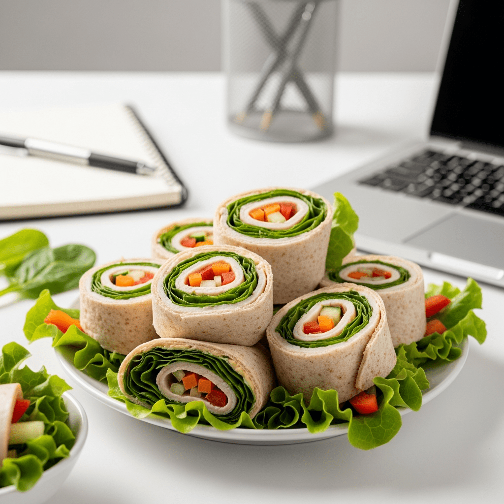 turkey cheese roll ups healthy snacks weight loss apple slices baby carrots office desk