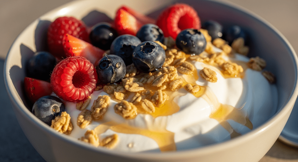 greek yogurt frozen berries evening snack busy adults natural light