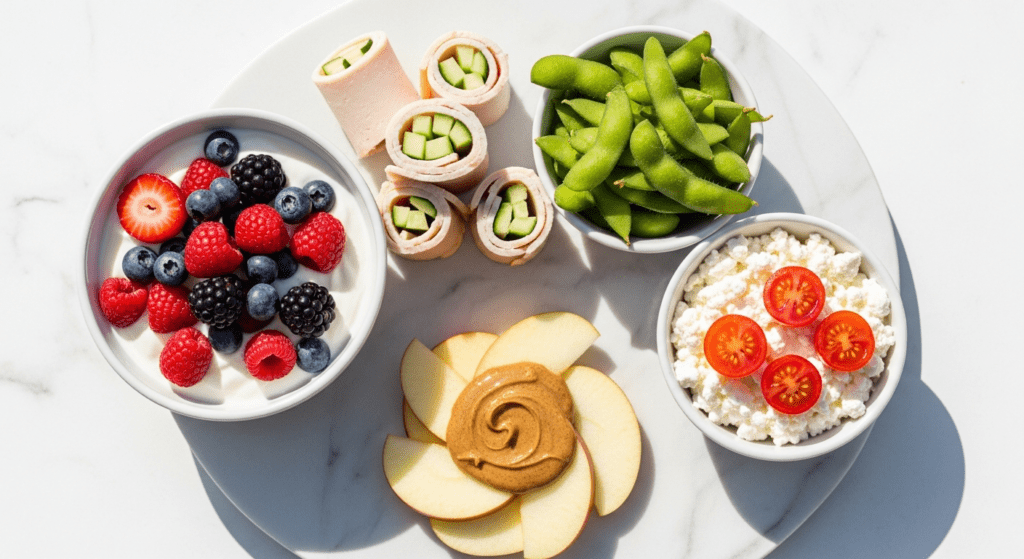 15 healthy snacks for weight loss arranged on white plate including Greek yogurt bowl, turkey roll-ups, apple almond butter, edamame pods, cottage cheese tomatoes for busy adults
