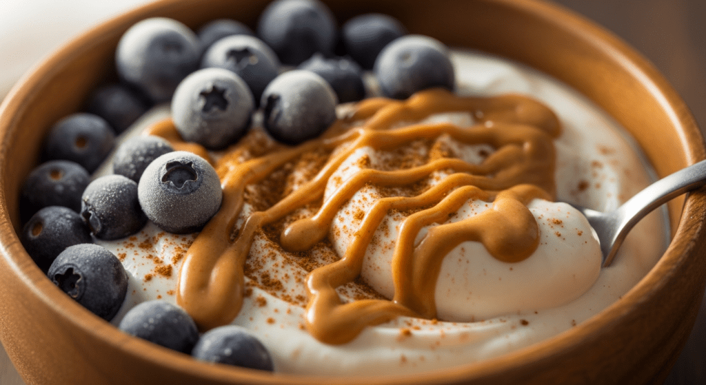 healthy snacks for weight loss Greek yogurt protein bowl with peanut butter powder cinnamon and blueberries high protein 32g recipe
