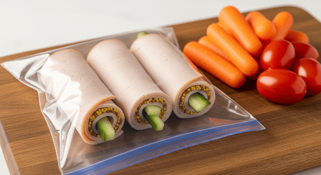 healthy snacks for weight loss turkey roll-ups portable snack with mustard cucumber spears in Ziploc bag perfect for busy adults work lunch
