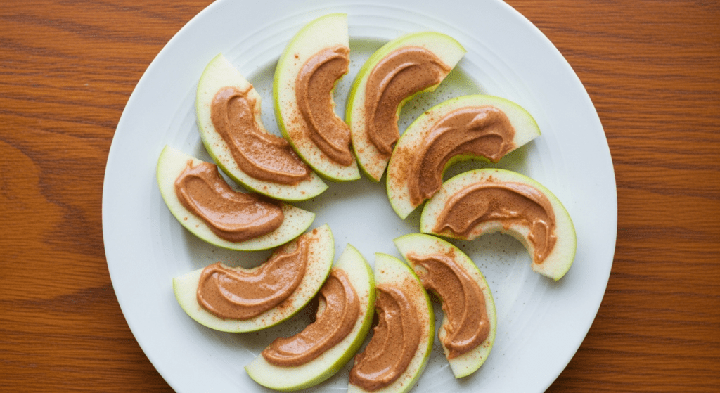 healthy snacks for weight loss apple slices with almond butter cinnamon dusting sweet tooth satisfying snack 7g fiber 18g protein
