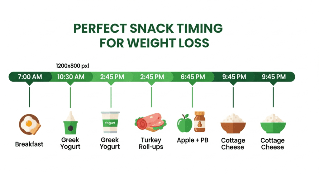 healthy snacks for weight loss perfect daily timing schedule infographic 10:30AM 2:45PM 6:45PM snack schedule for maximum fat loss

