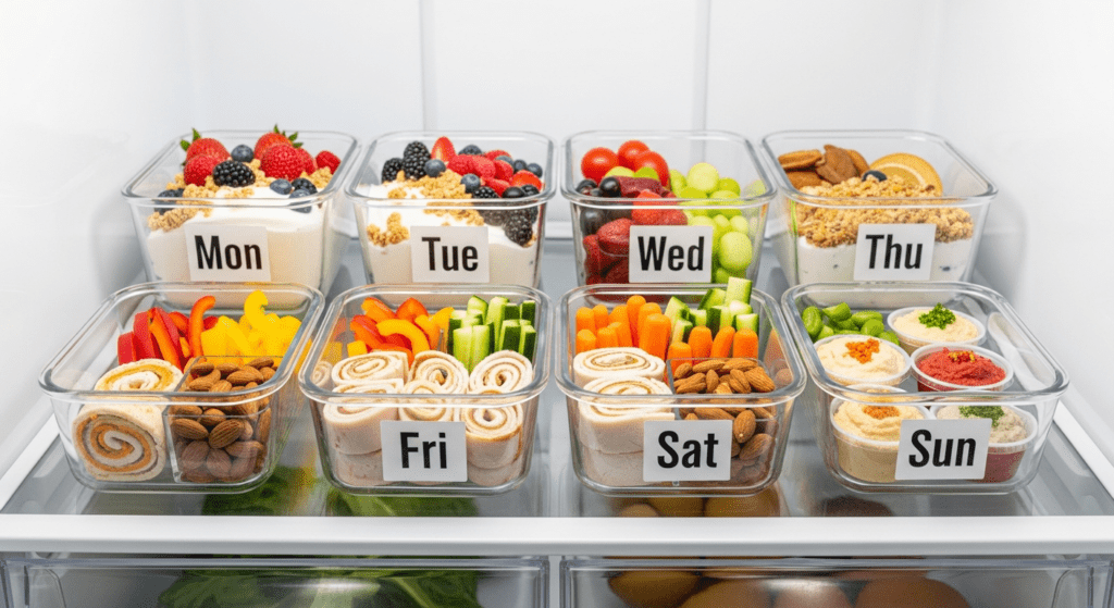 healthy snacks for weight loss weekly prep containers organized in refrigerator 6 days Greek yogurt turkey roll-ups veggies portion control