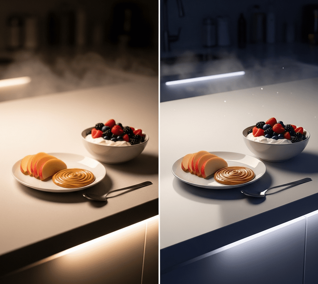 Healthy nighttime snack options for sugar cravings including yogurt and apple with peanut butter