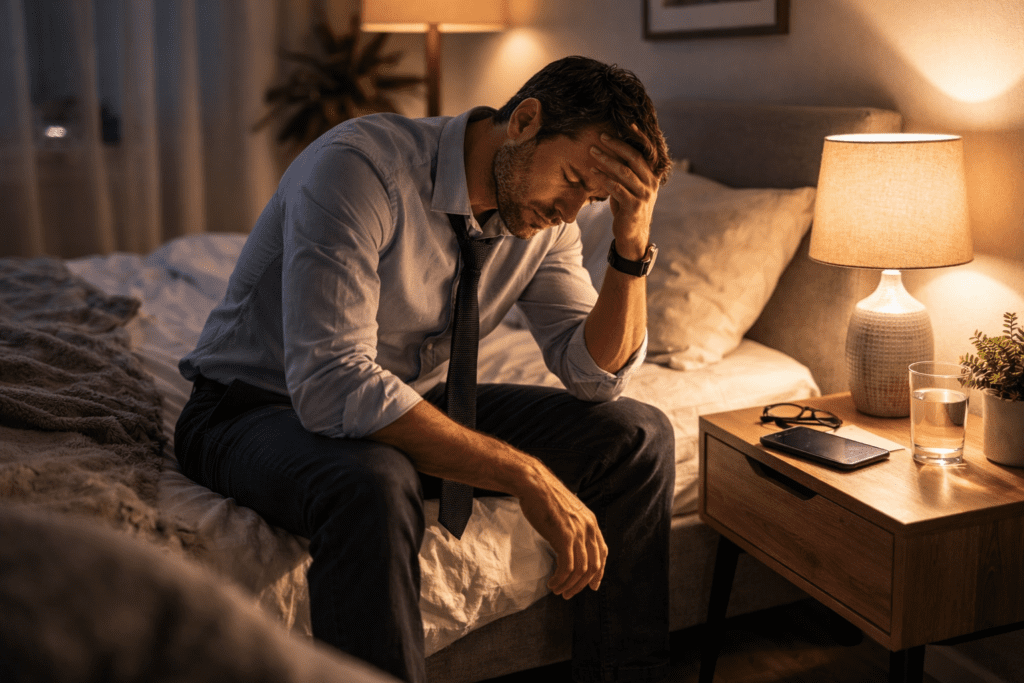 Tired adult feeling wired but tired at night sitting on bed in dim bedroom