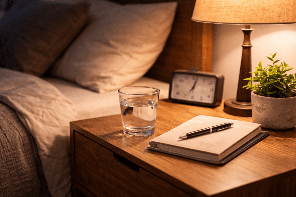 Calm bedroom setup showing relaxing nighttime environment for better sleep