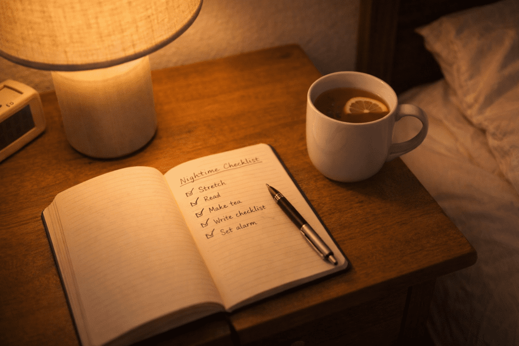 Evening reset checklist on bedside table with warm light