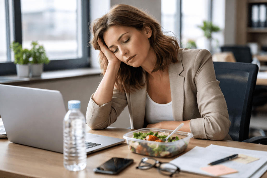 Female office worker feeling tired after eating lunch at her desk