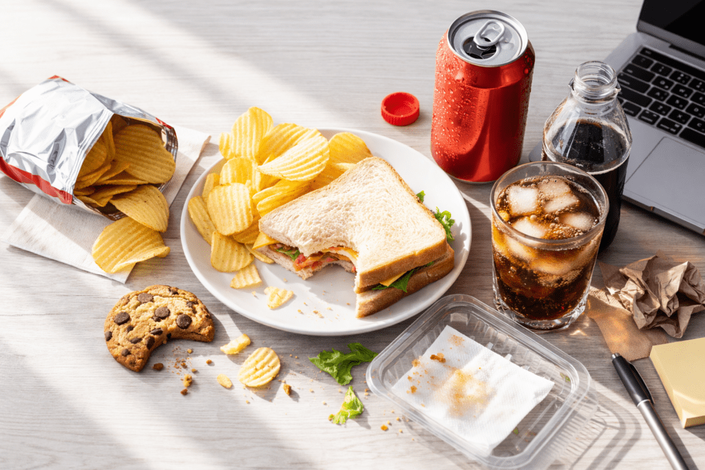White bread sandwich, chips, and soda typical high carb lunch