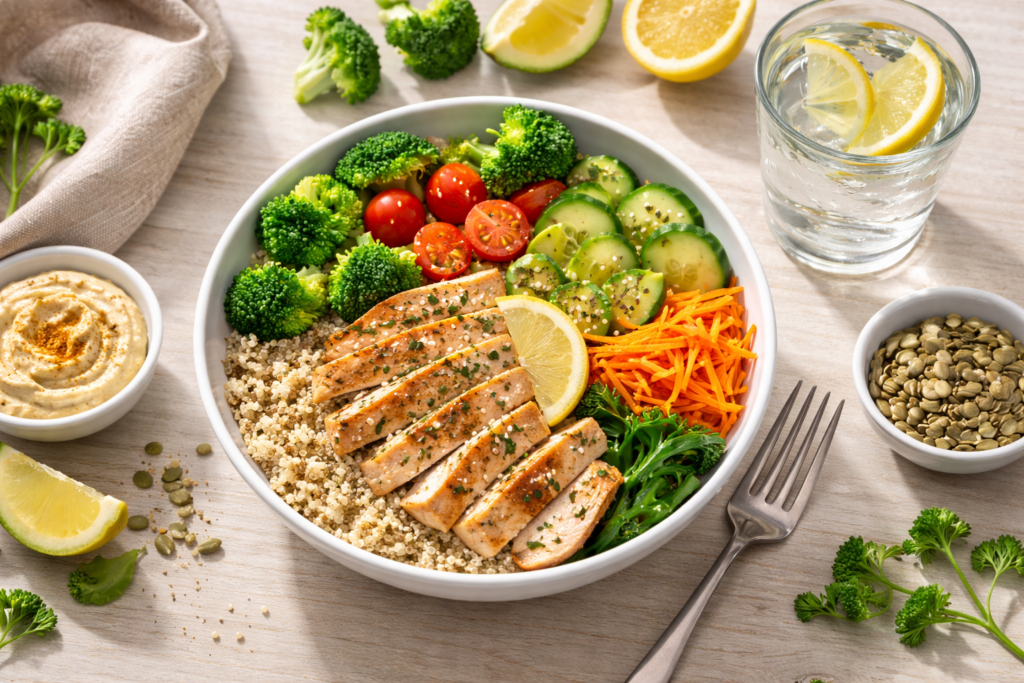 Balanced lunch with grilled chicken quinoa vegetables and water