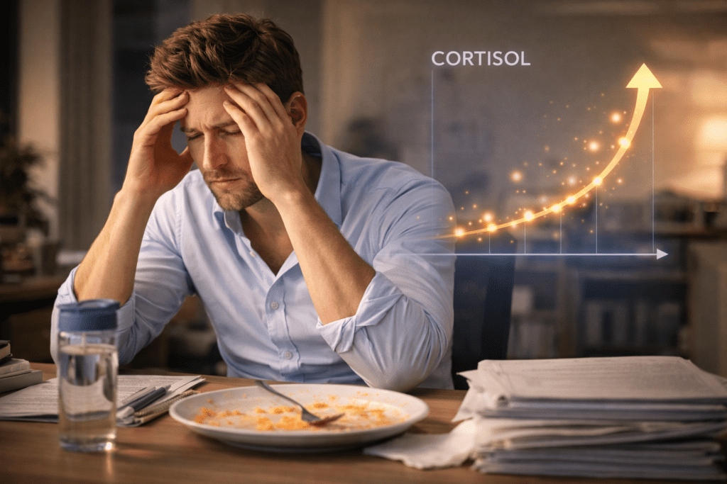 stressed office worker experiencing fatigue after eating due to cortisol levels