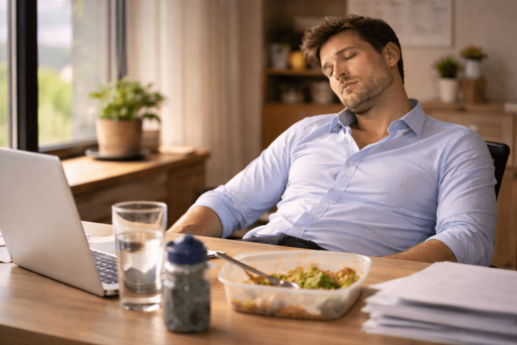 Man looking fatigued after eating lunch at office desk
