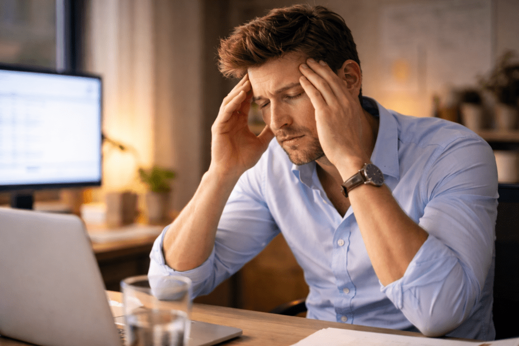 Office worker rubbing eyes during afternoon energy slump