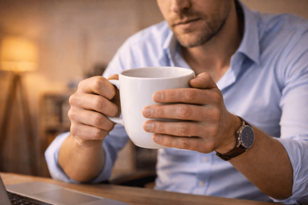 Person holding coffee cup looking tired but restless