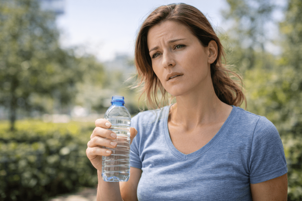 Stressed professional holding forehead during workday