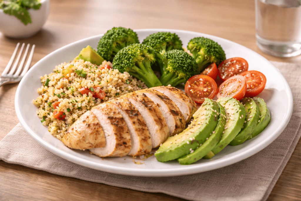 Balanced meal with protein vegetables and whole grains on plate