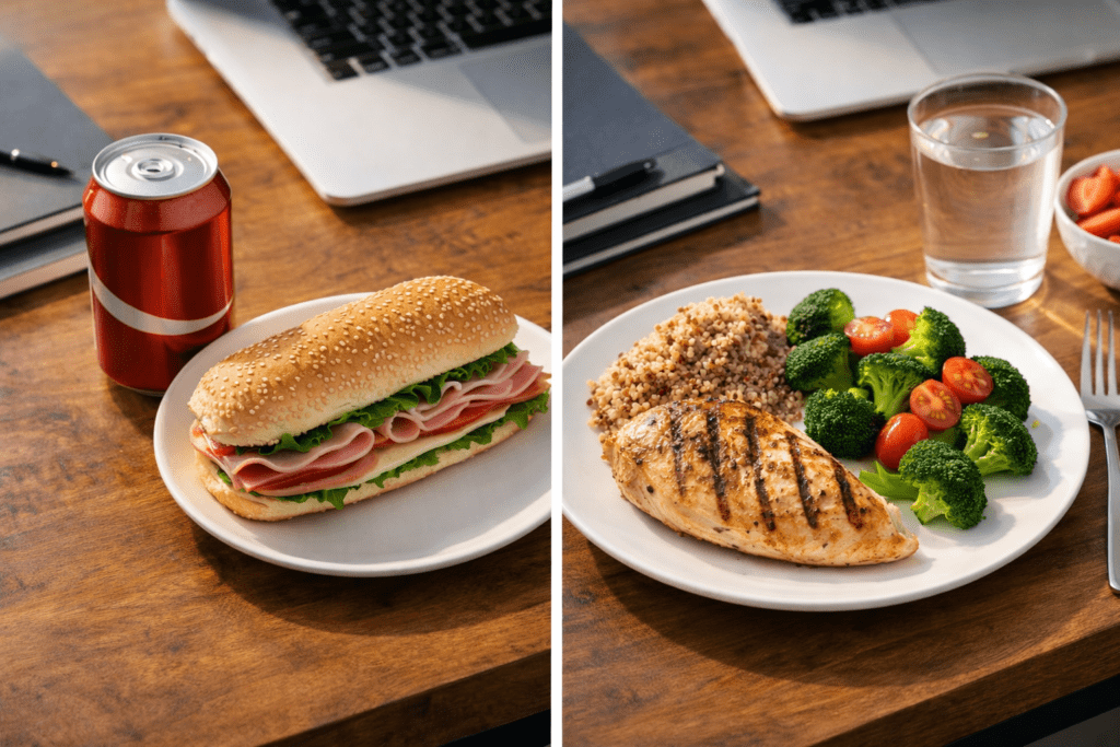 Blood sugar spike and crash after carb-heavy lunch causing afternoon fatigue