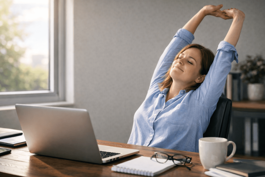 Desk worker stretching after prolonged sitting to reduce fatigue