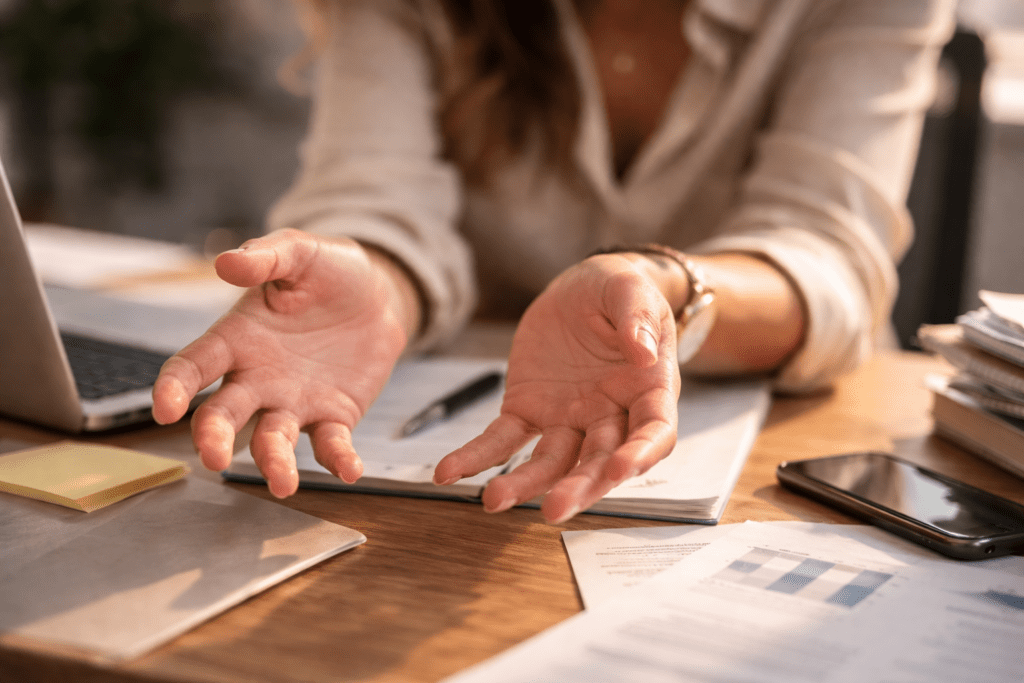 Close-up of shaky hands during a blood sugar drop