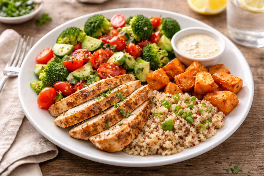 Balanced meal with protein and fiber to prevent blood sugar crashes