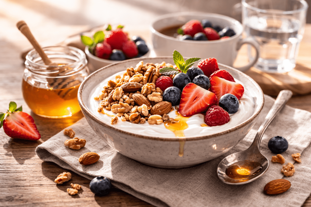 High protein snack with Greek yogurt and nuts to prevent blood sugar crash symptoms