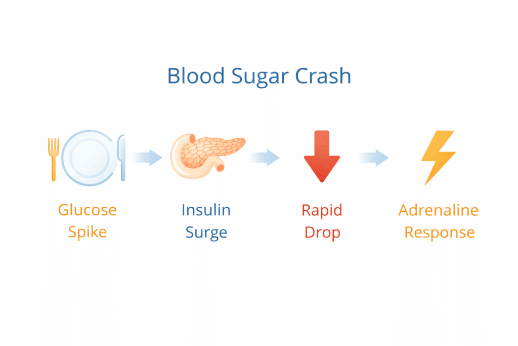 Timeline infographic showing glucose spike, insulin surge, rapid drop, and adrenaline response
