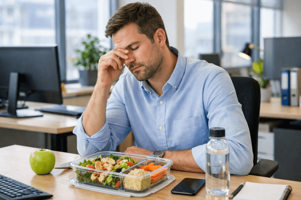 Office worker feeling tired after eating a healthy lunch in the afternoon