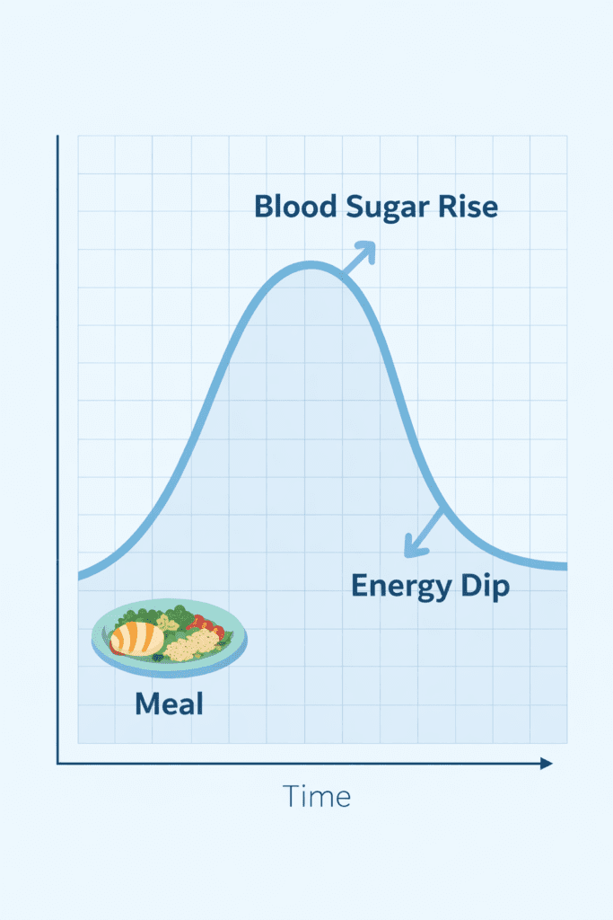 Chart showing blood sugar rise and energy dip after eating