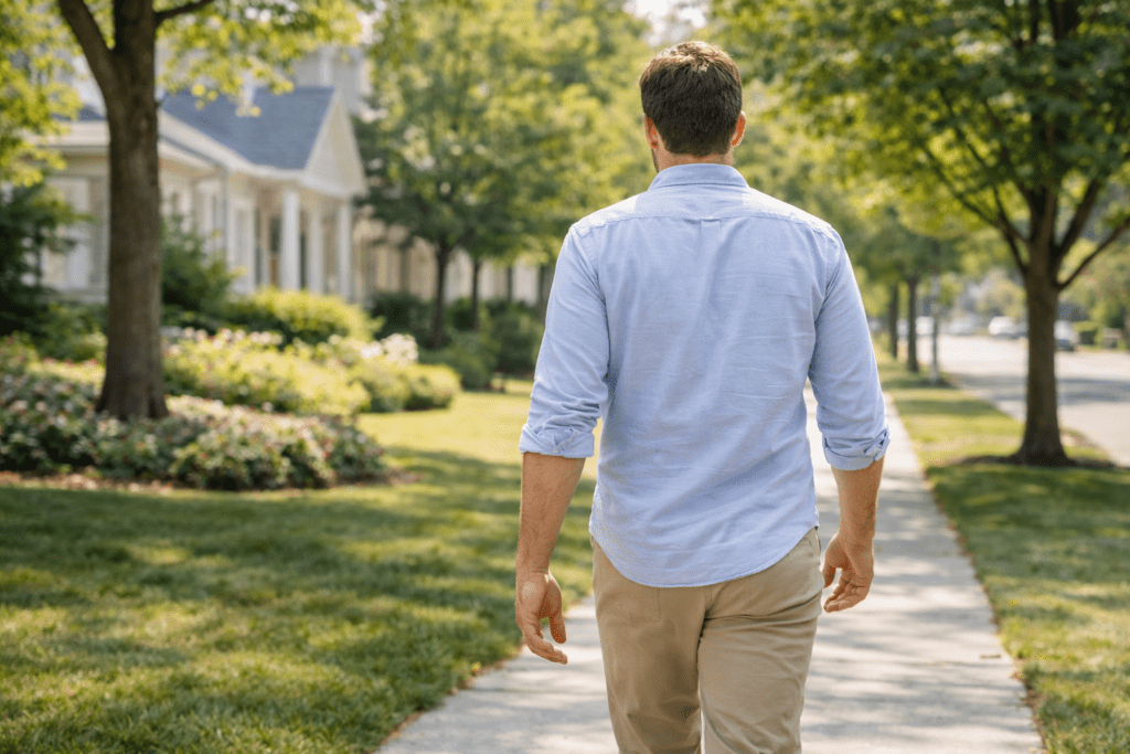 Person taking a short walk after eating to reduce fatigue