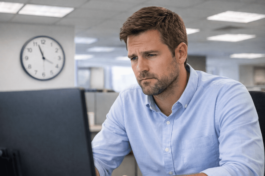 Office worker experiencing afternoon energy crash after eating