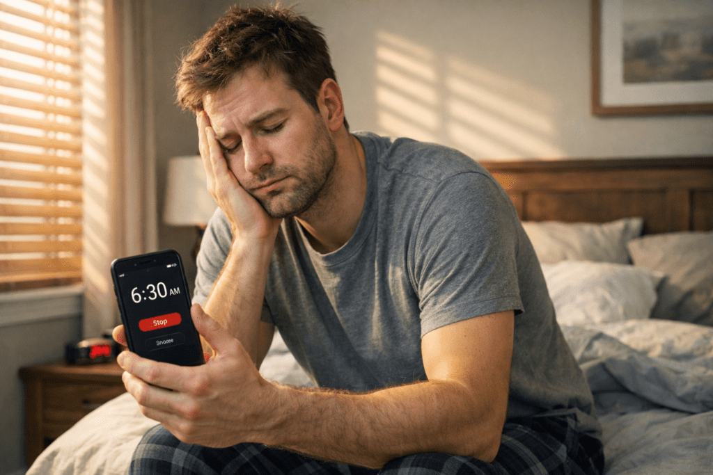 Person waking up tired after 8 hours of sleep in a modern bedroom with morning sunlight
