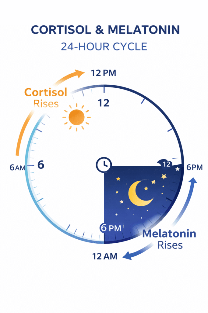 24-hour cortisol and melatonin rhythm chart showing morning hormone rise