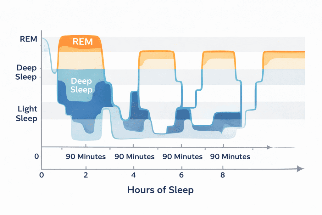 Sleep cycle stages across 8 hours including REM and deep sleep phases
