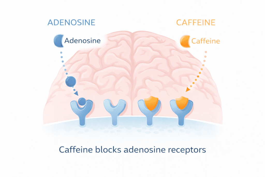 Diagram showing how caffeine blocks adenosine and affects morning tiredness