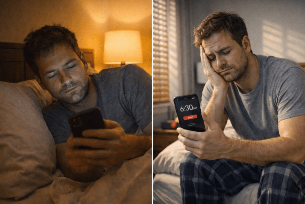 Late night phone use leading to waking up tired the next morning