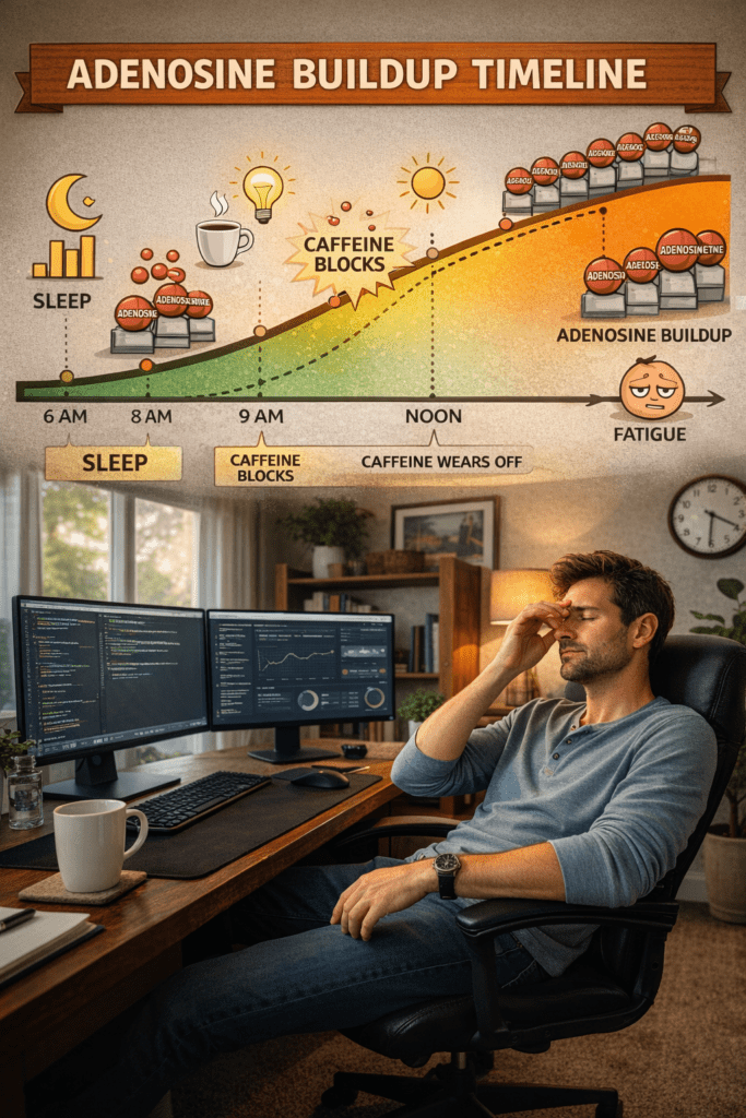 Male remote worker experiencing caffeine rebound fatigue