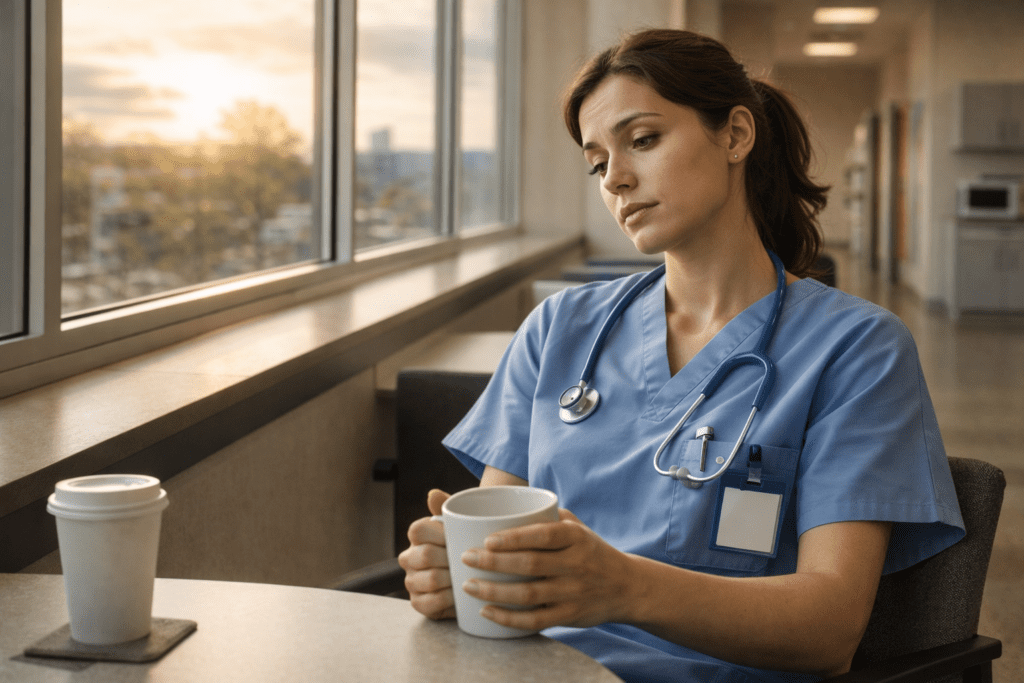 Female nurse feeling afternoon energy dip after coffee