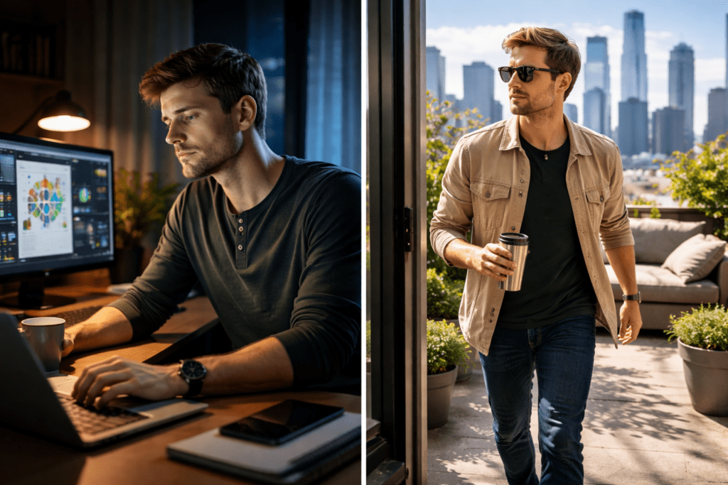 Man stepping into sunlight to reduce afternoon fatigue
