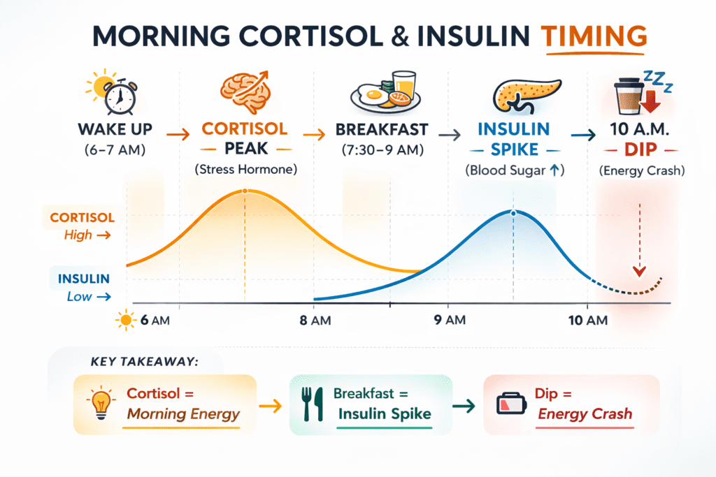 Morning cortisol and insulin timing chart showing 10 a.m. energy crash