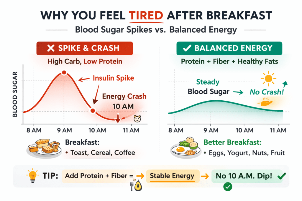 Comparison of blood sugar spike versus stable glucose curve after breakfast