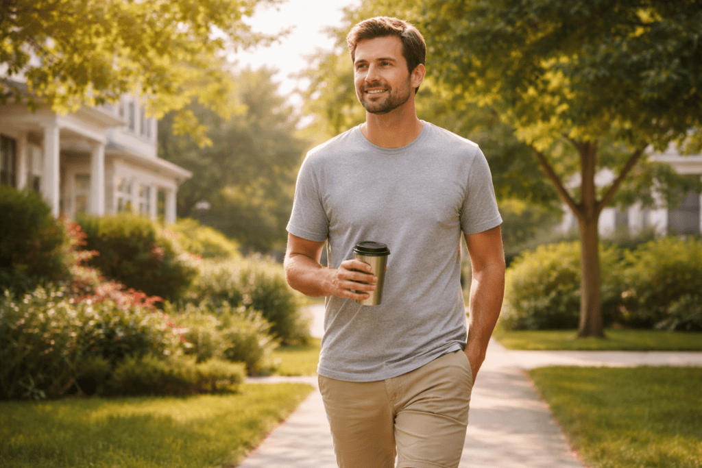 Person taking a short walk after breakfast to stabilize blood sugar