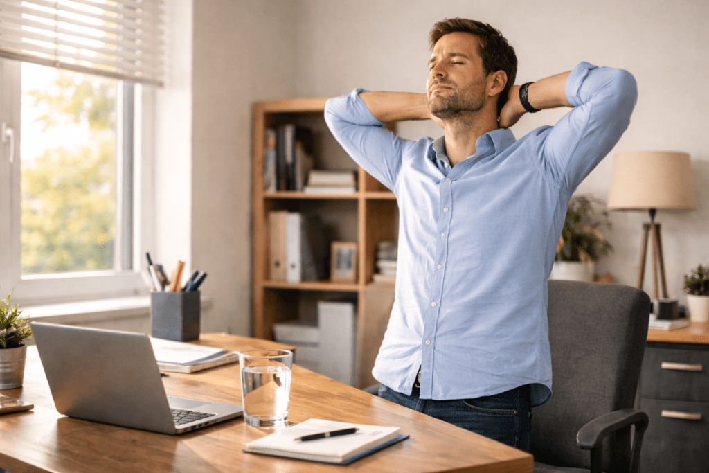 office worker standing stretch to reduce afternoon fatigue