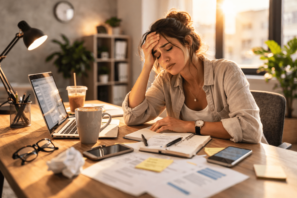 Woman experiencing blood sugar crash symptoms while working at desk in the afternoon