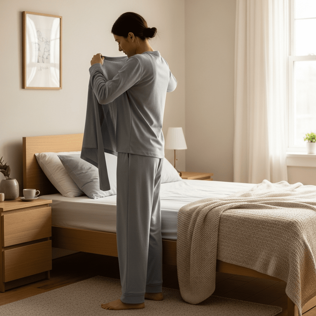 Woman changing into comfortable clothes as a wind-down signal before sleep