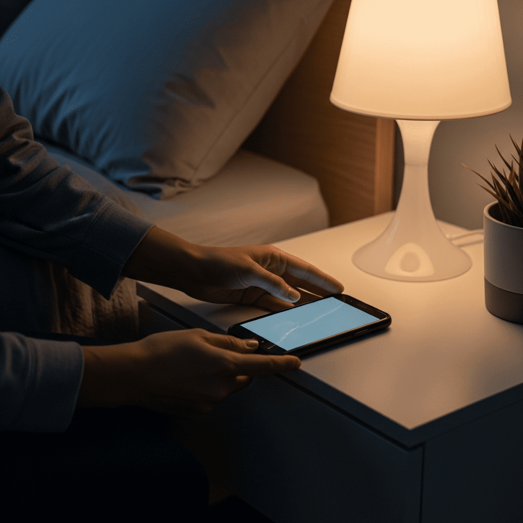 Person putting phone away on a nightstand to reduce screen stimulation before sleep